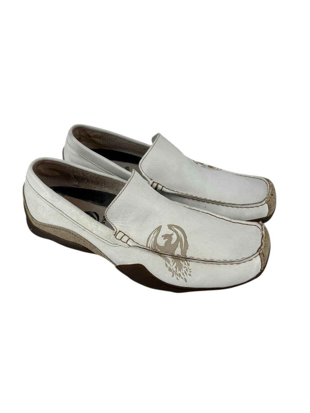 Vintage Y2K Skechers White Leather Driving Moc Mens 10.5 Streetwear Skate Dragon